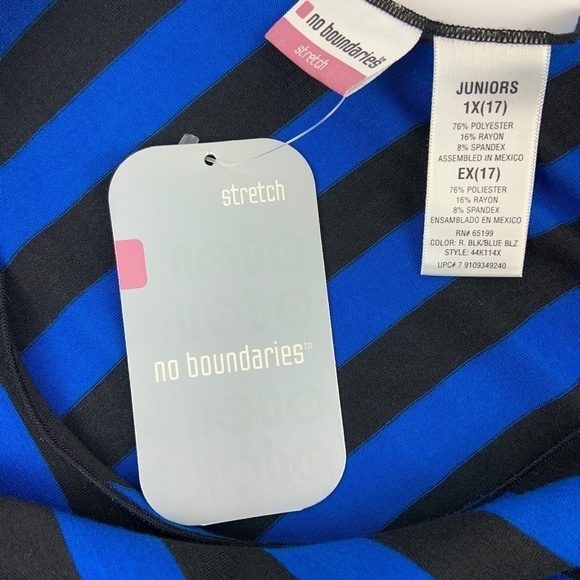 No Boundaries Blouse Juniors 1X 17 Round Neck Quarter Sleeves Black Blue Stripes - Picture 3 of 8